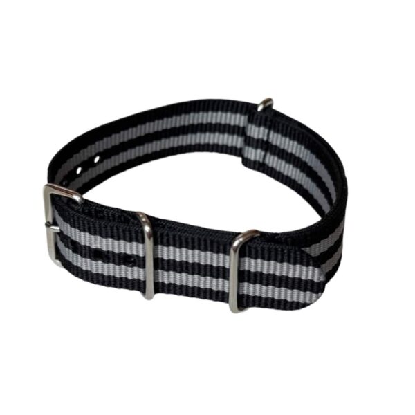 Nylon watch NATO strap black with grey band, 22mm