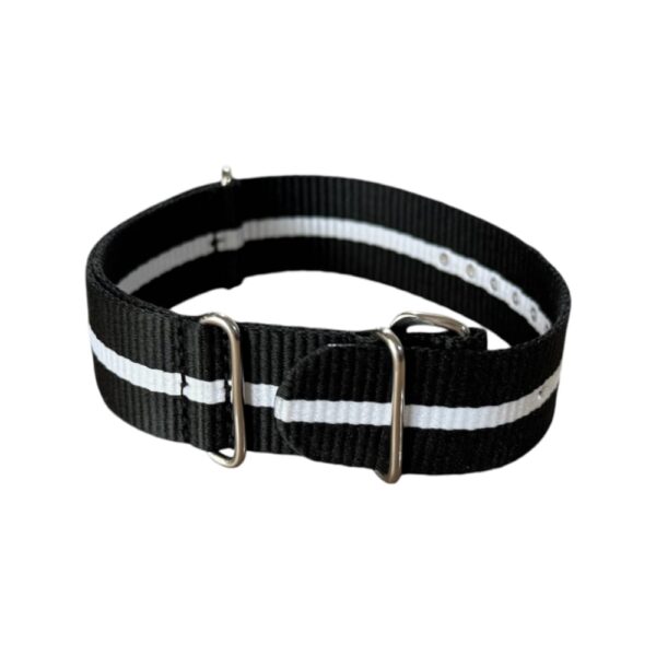 Nylon watch NATO strap black with white band, 18mm