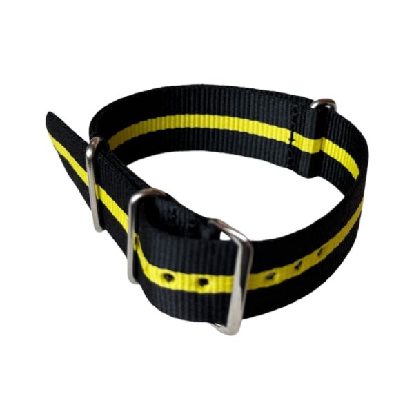 Nylon watch NATO strap black with yellow band, 22mm - Image 2