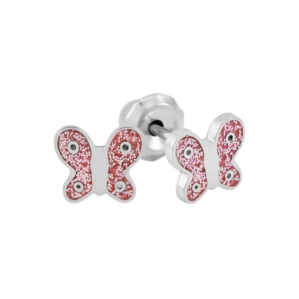 Inverness medical stainless steel 6mm, Butterfly Pink Enamel with crystal piercing earrings 008C