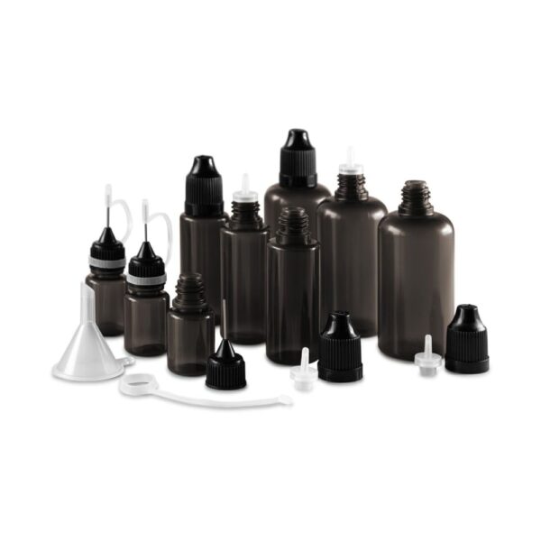 Set of 9 bottles, 5 - 50 ml, black with caps, dosing aids and funnel